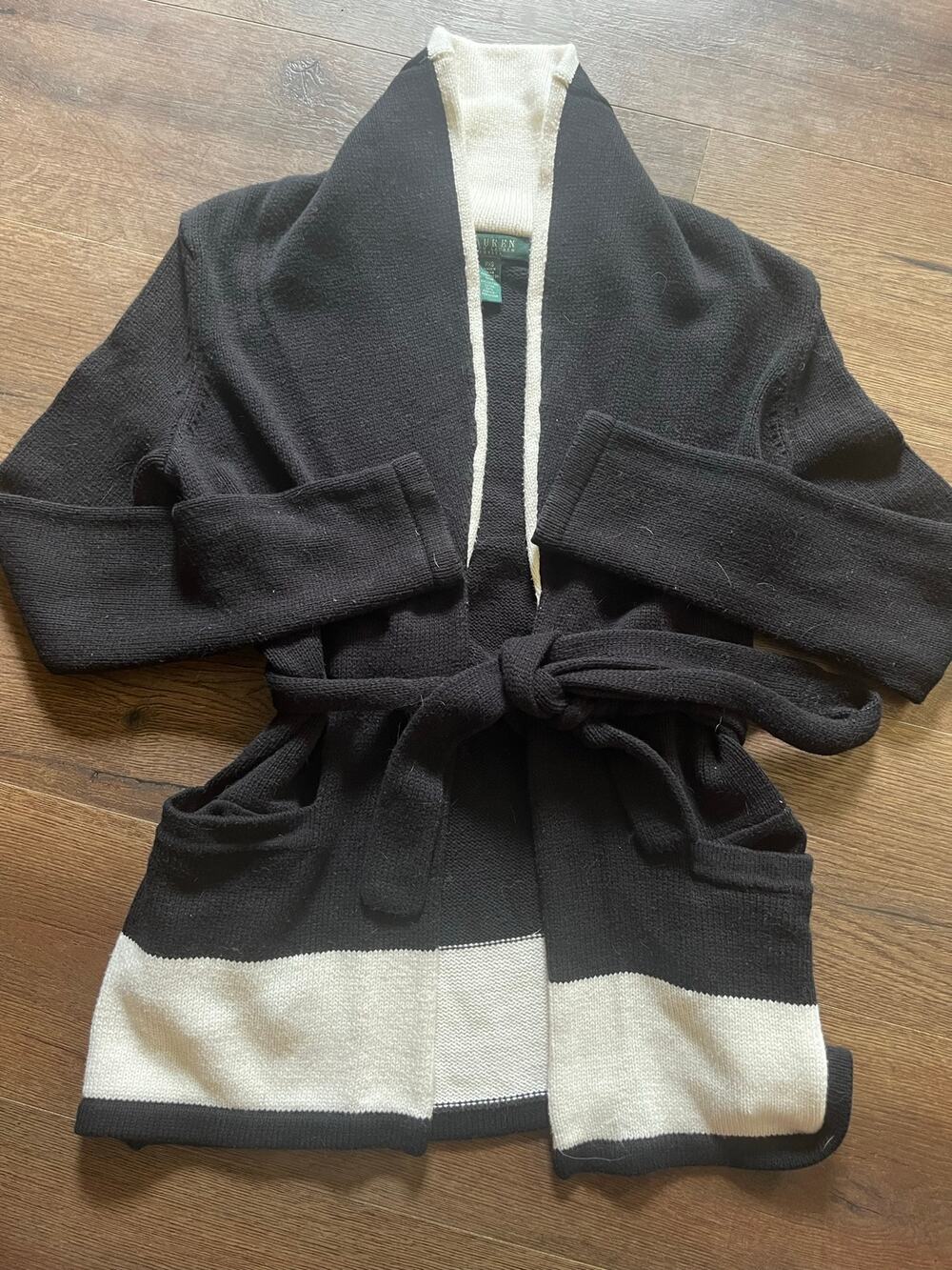 Lauren Ralph Lauren Petite XS Black Cream Belted Shawl Collar Cardigan